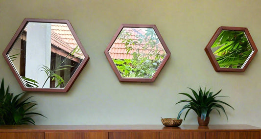 Geometra Honeycomb 3D Collage Teak Mirror (Set Of 3)